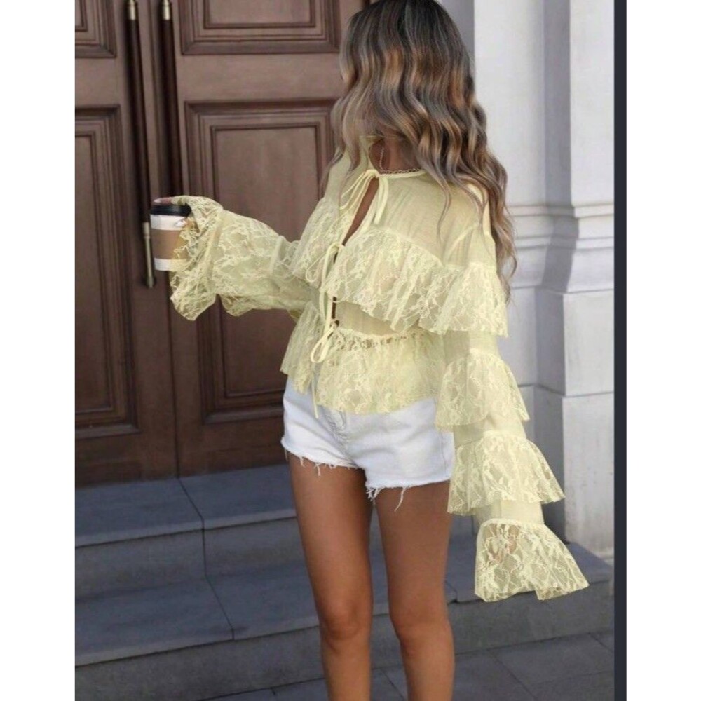 Cream Cardigan M Top Lace Sheer Tie Front Lantern Sleeve Layered Ruffles
